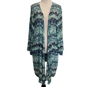 Catherines Open Cardigan Topper Womens Size 2X Teal Blue Aztec Layer Coverup
